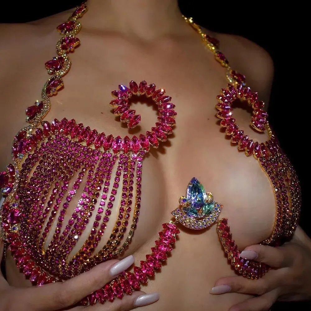 Body Jewelry Chest - Rave Pink Crystal Chest Bracket Sexy