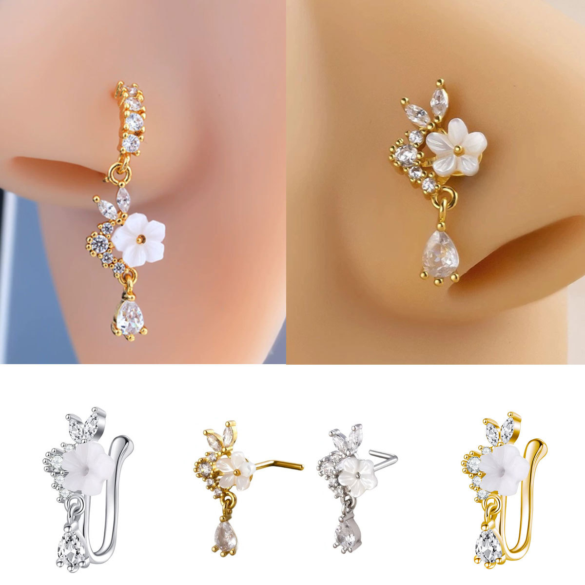 Gold Flower Nose Ring with Dan - Body Jewelry Nose Ring avaliação e preço