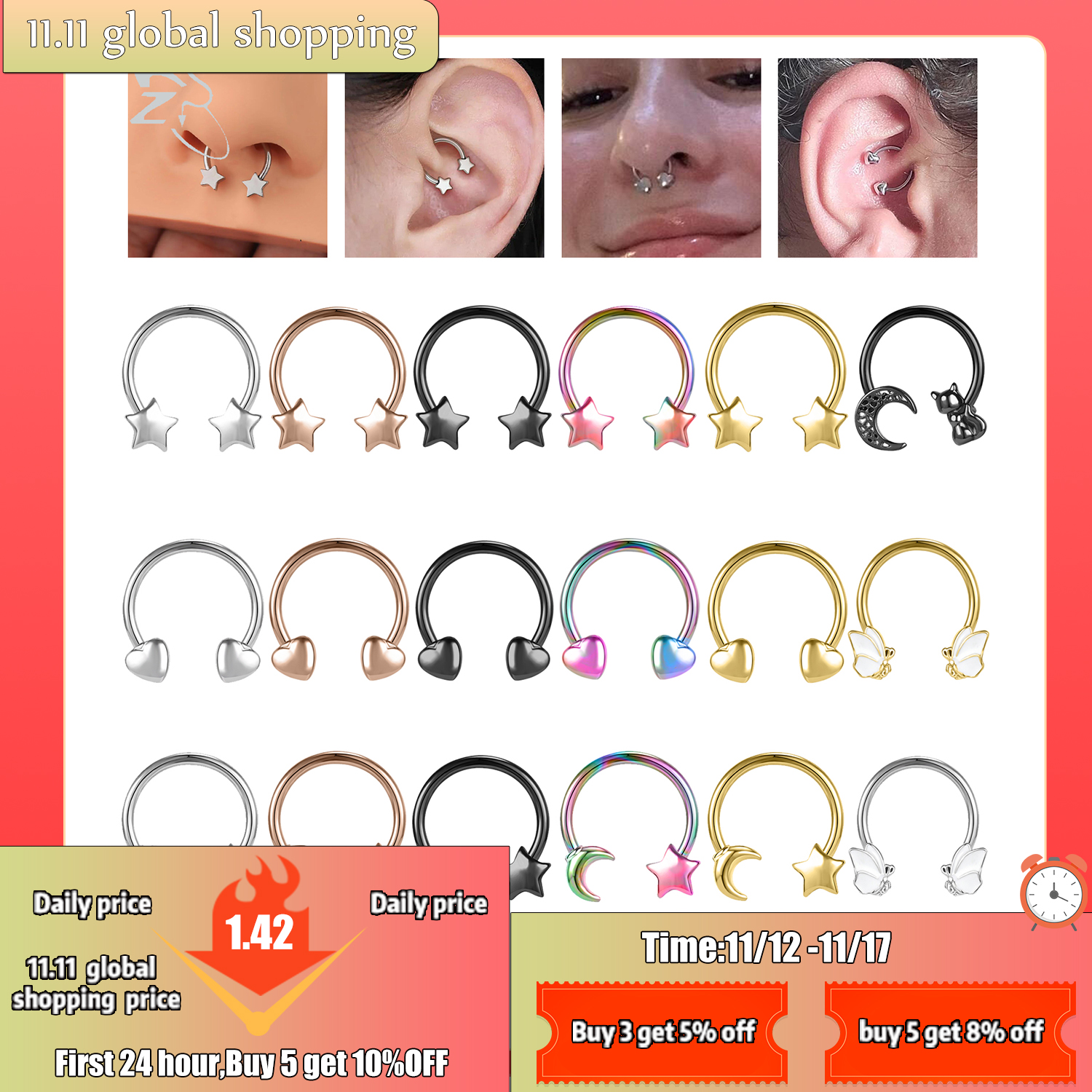 ZS 1PC 16G Star Heart Septum R - Zoor Body Jewelry avaliação e preço